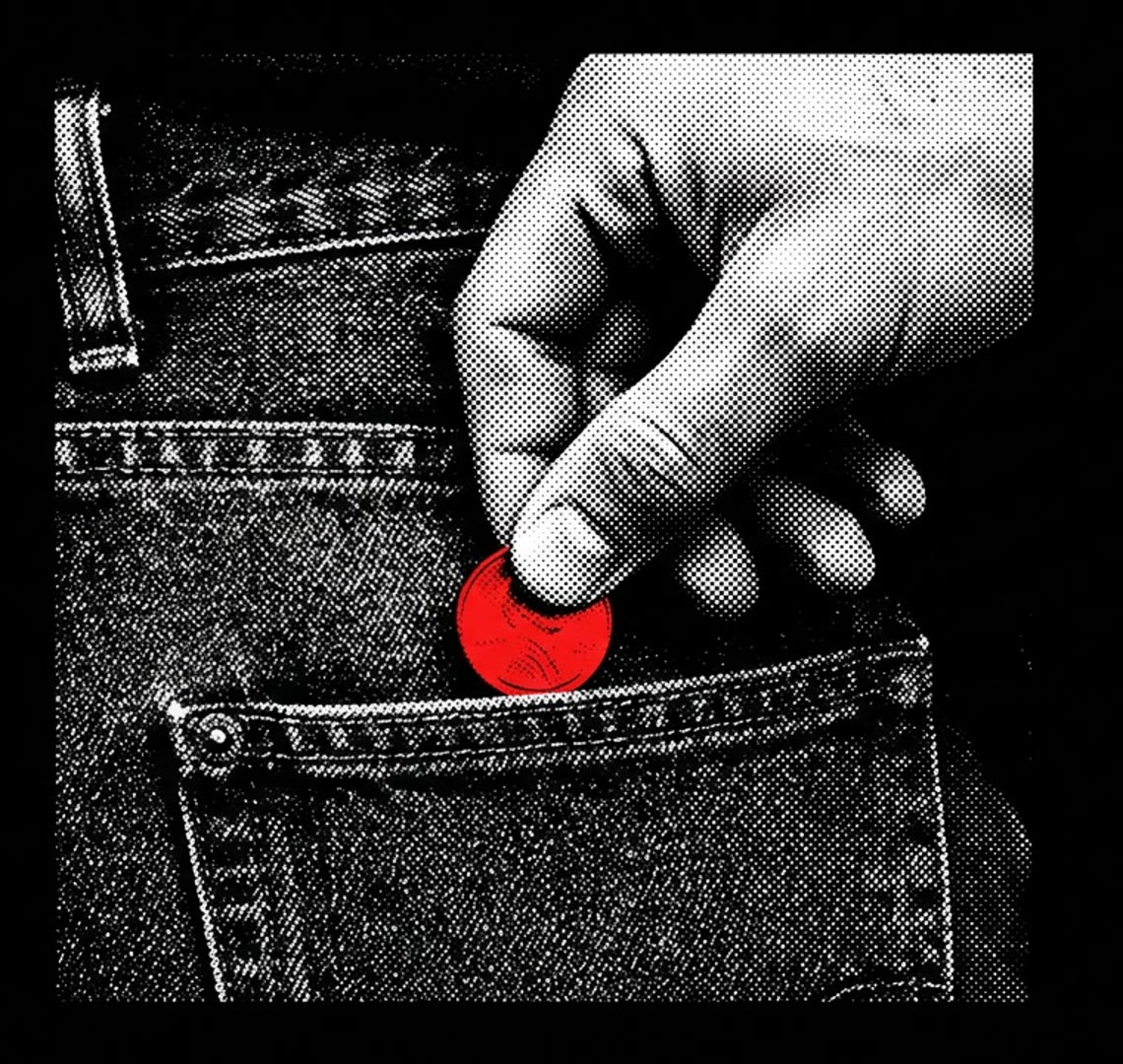 A hand dropping a coin into a jeans back pocket